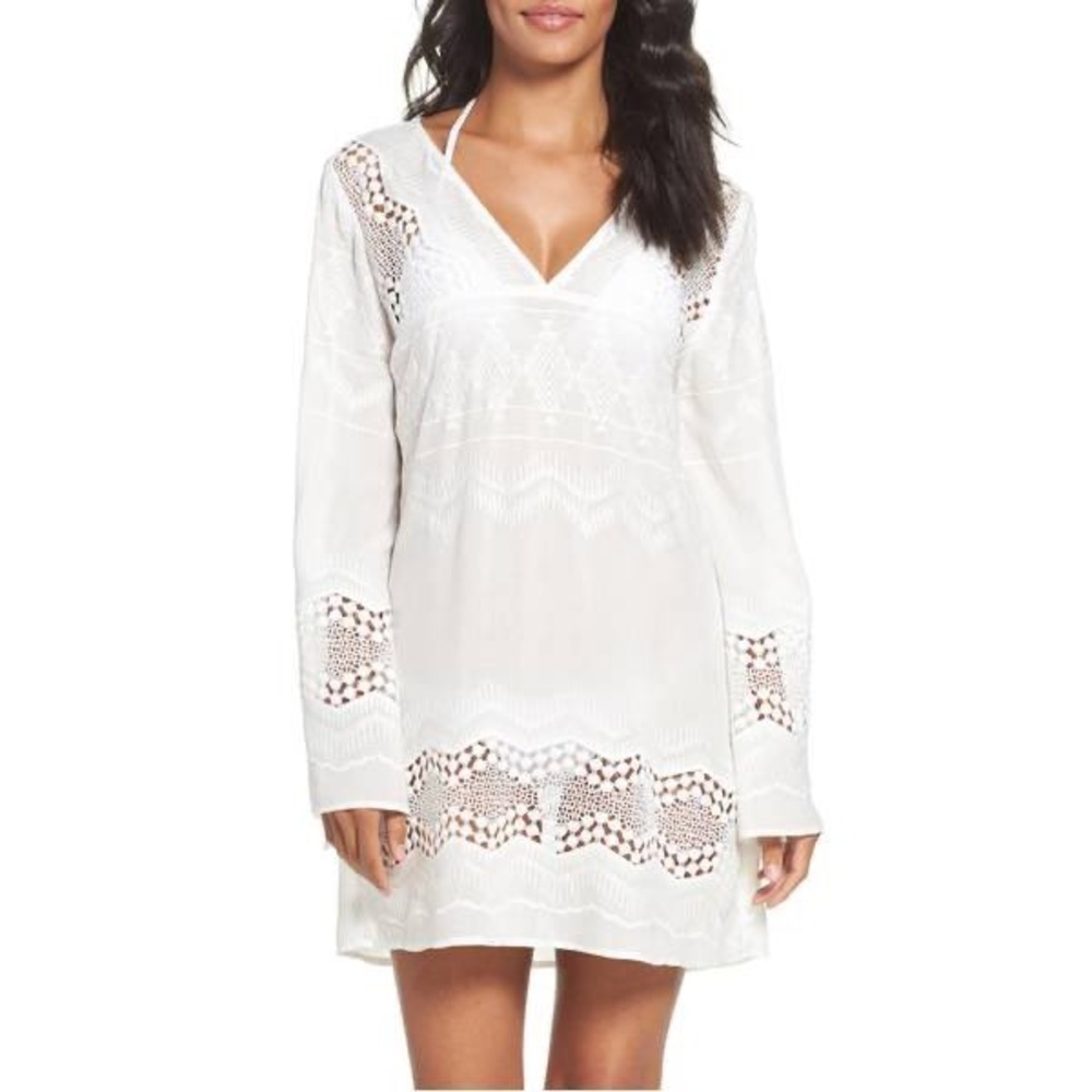 La Blanca White Crochet-Panel V-Neck Swim Coverup